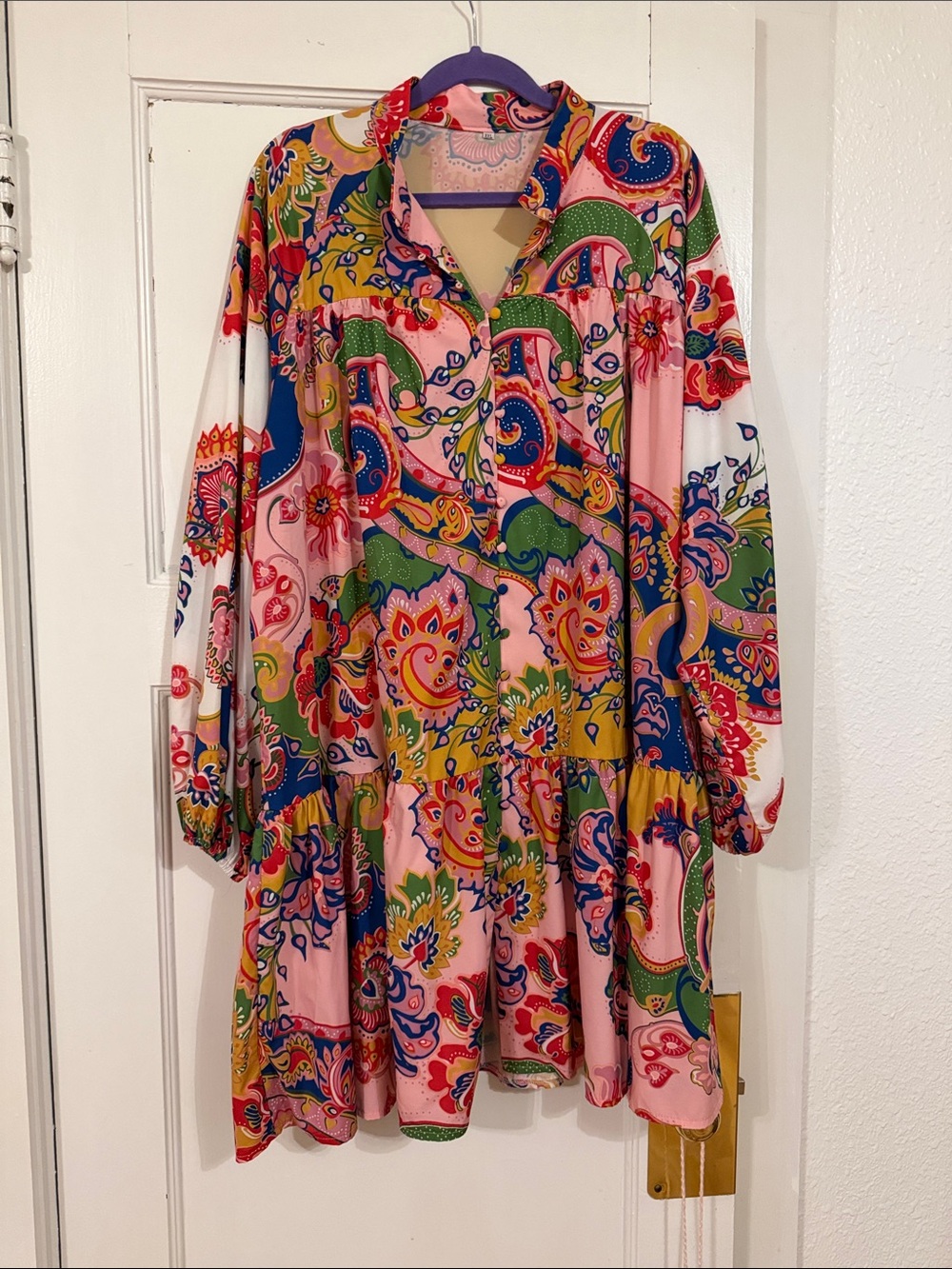 Pink Paisley Multi-Color Tiered Long-Sleeve Dress